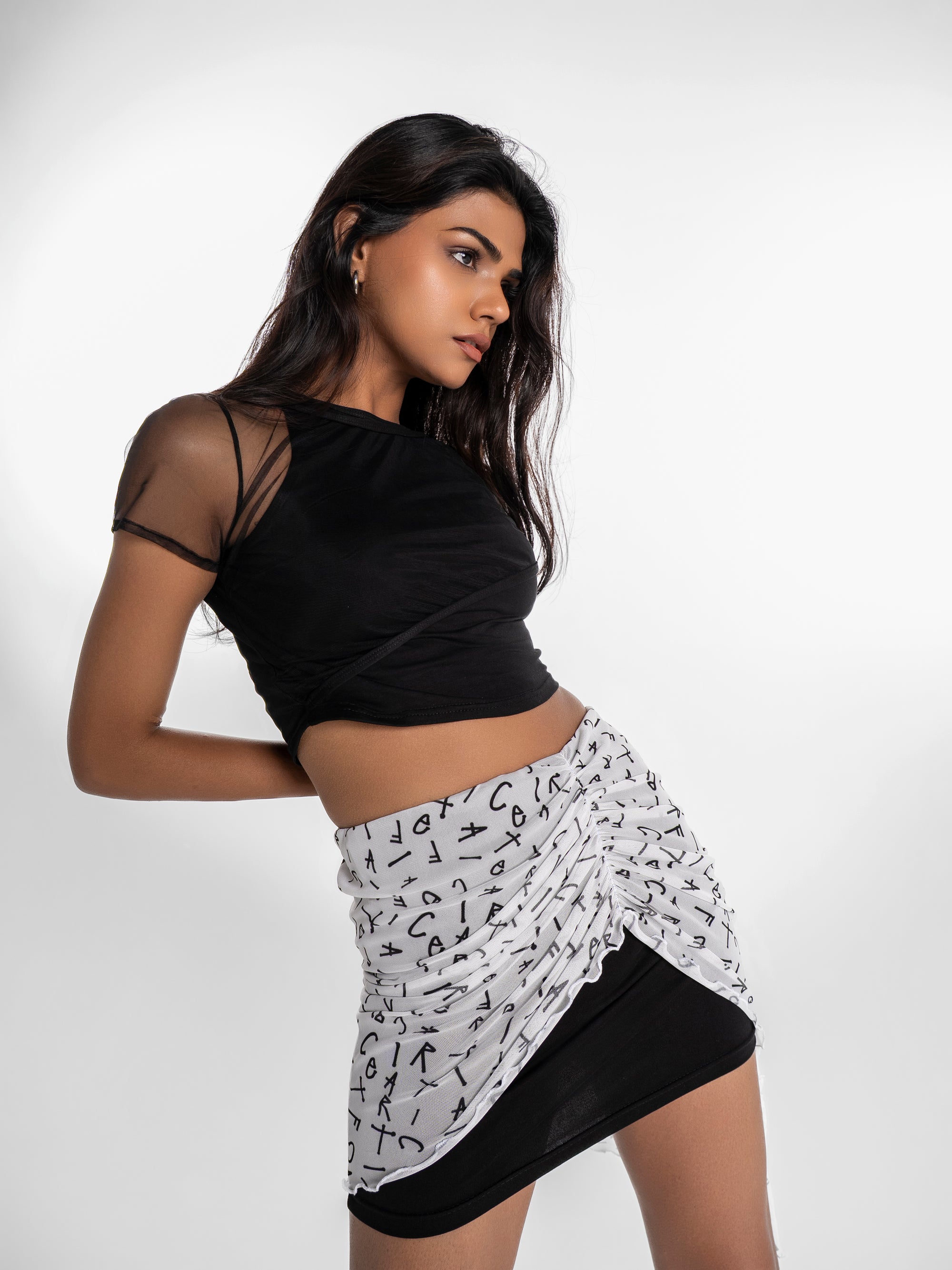 Mesh Layered Crop Top - Shadow Black