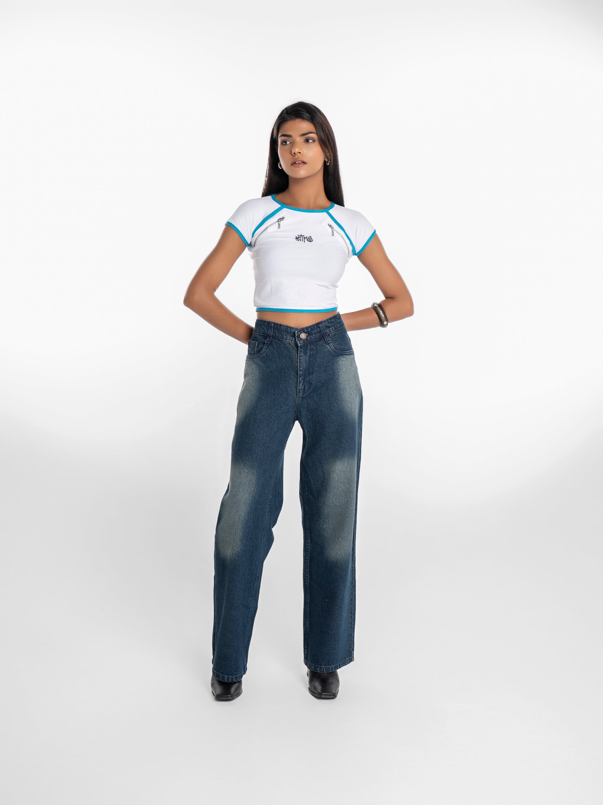 Bolt Zipper Crop Top – Blue Piping