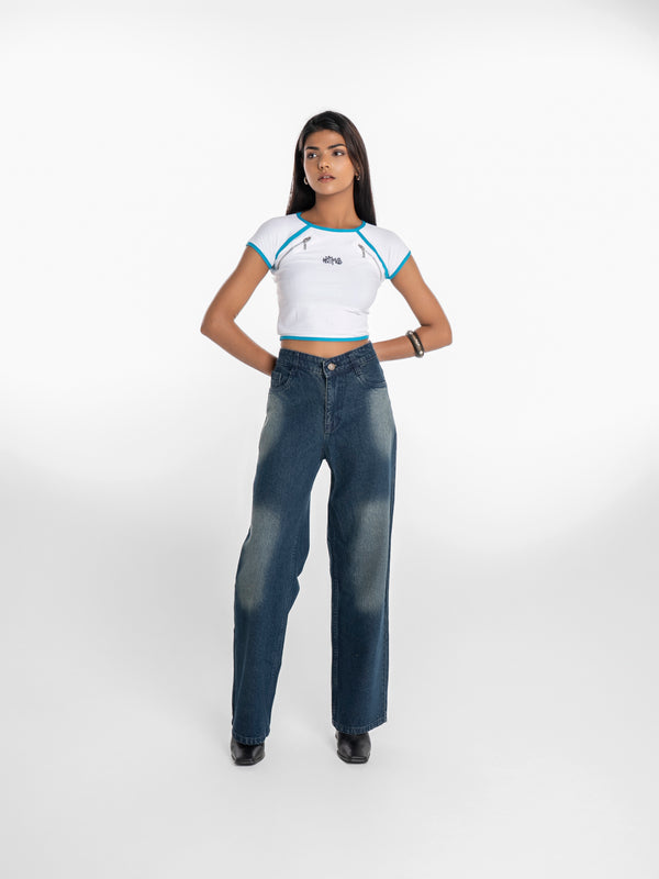 Bolt Zipper Crop Top – Blue Piping