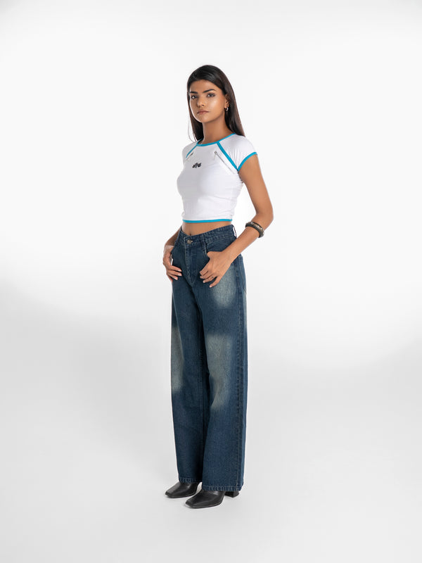 Bolt Zipper Crop Top – Blue Piping