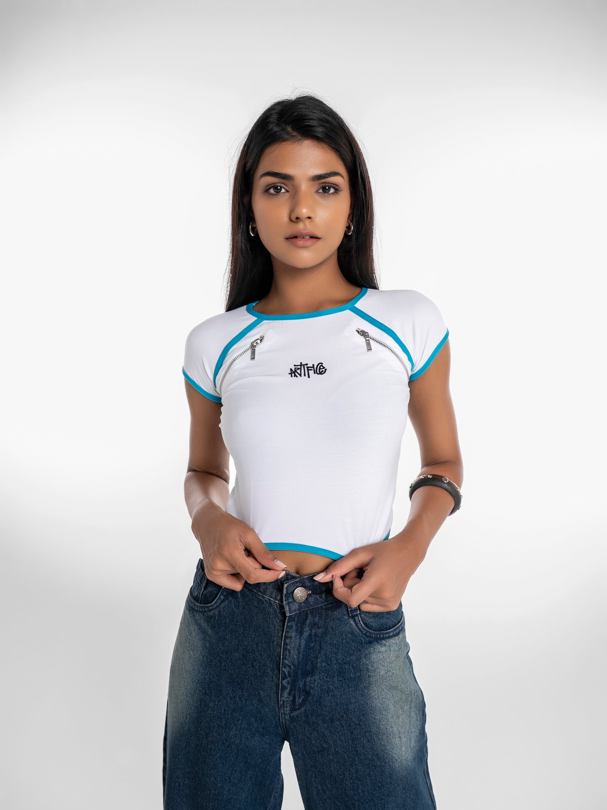 Bolt Zipper Crop Top – Blue Piping