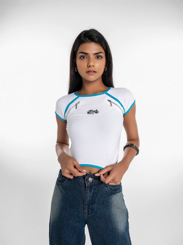 Bolt Zipper Crop Top – Blue Piping