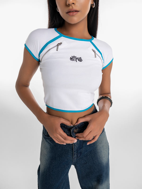 Bolt Zipper Crop Top – Blue Piping