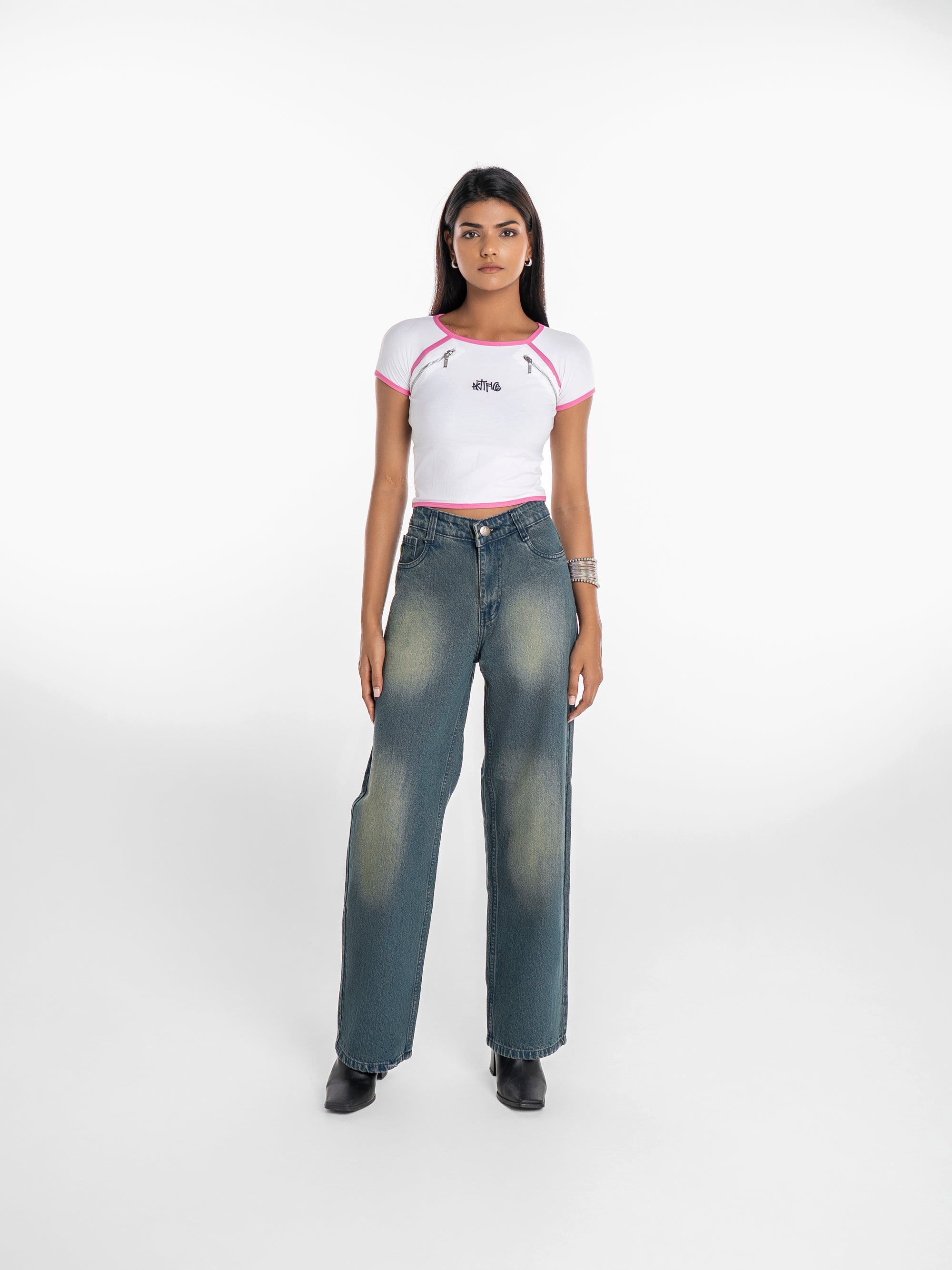 Bolt Zipper Crop Top – Pink Piping